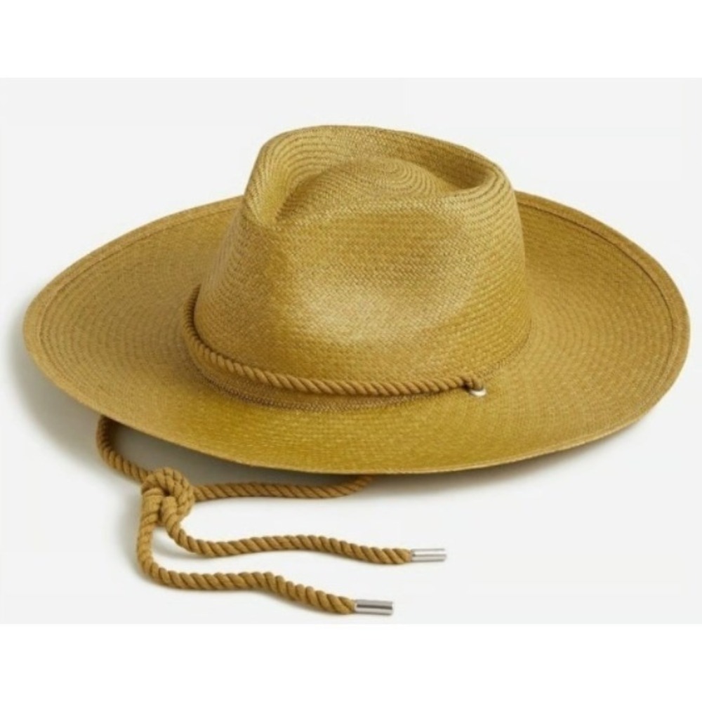 NWT J.Crew Genuine Panama Hat Straw Fedora Wide Brim Rope Chin Strap Gold S-M